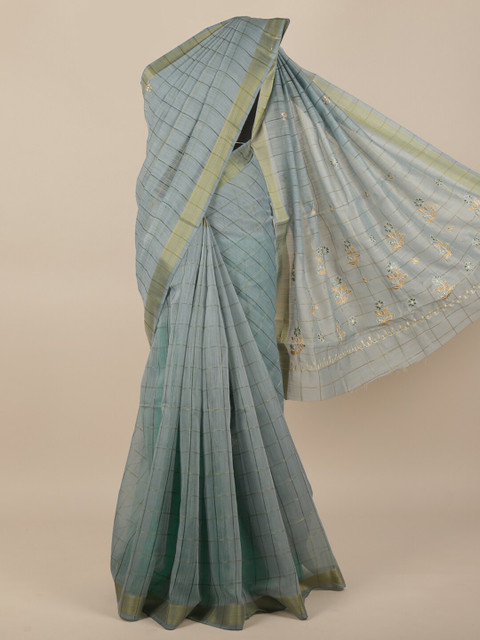 

Pothys Blue & Gold-Coloured Checked Embroidered Saree
