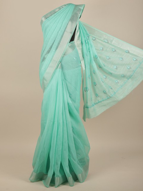 

Pothys Sea Green & Silver-Coloured Ethnic Motifs Embroidered Saree