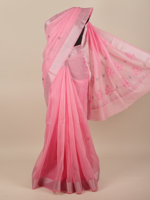 

Pothys Pink & Silver-Coloured Ethnic Motifs Embroidered Saree
