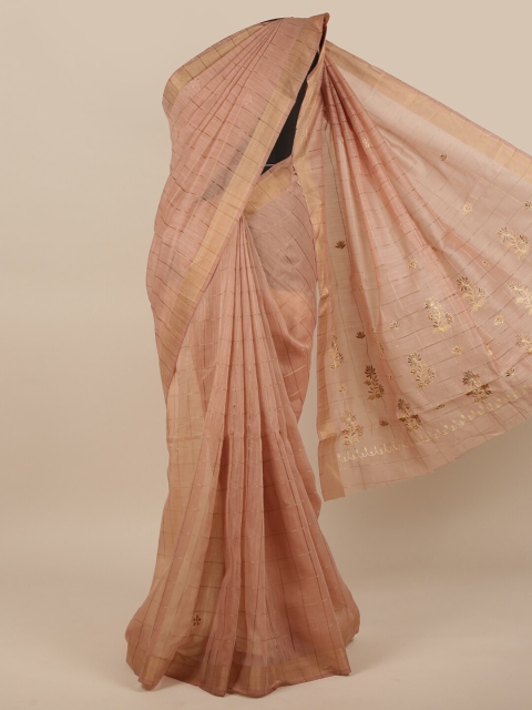 

Pothys Brown & Gold-Coloured Checked Embroidered Saree