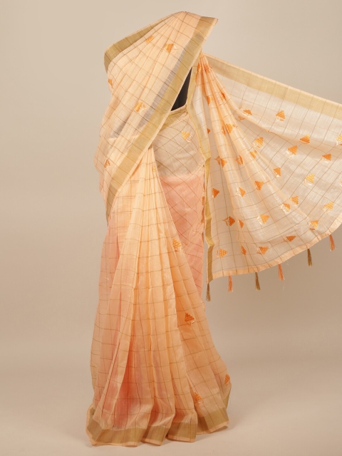 

Pothys Peach-Coloured & Orange Checked Embroidered Saree