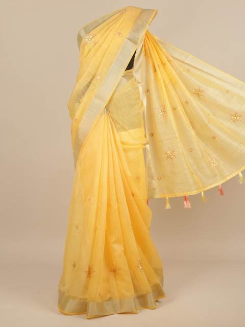 

Pothys Yellow & Gold-Coloured Floral Embroidered Saree