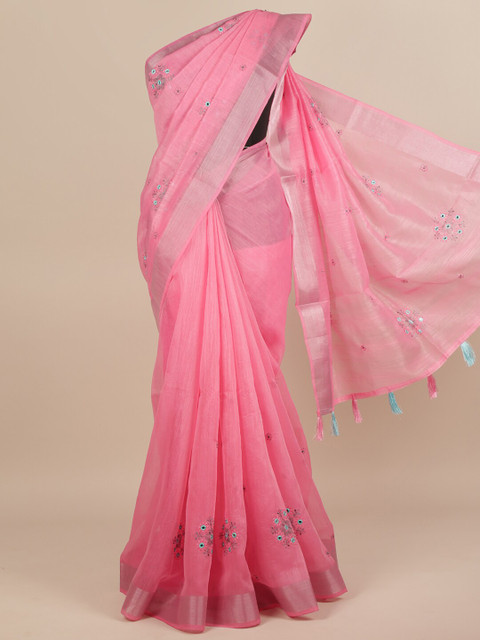 

Pothys Pink & Silver-Coloured Floral Embroidered Saree