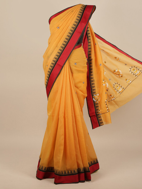 

Pothys Mustard Yellow & Red Floral Embroidered Saree