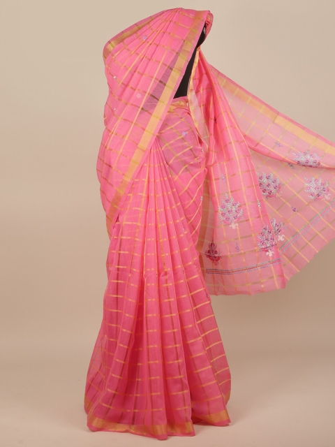 

Pothys Pink & Gold-Coloured Checked Embroidered Saree