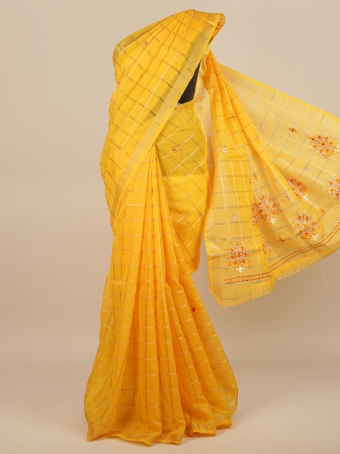 

Pothys Yellow & Gold-Coloured Checked Embroidered Saree