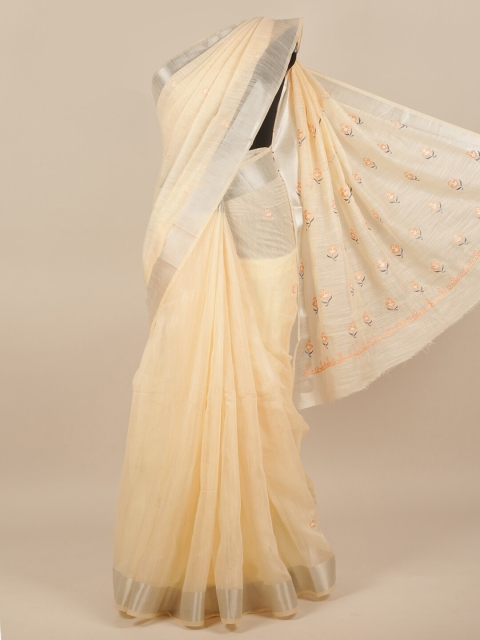 

Pothys Cream-Coloured & Silver-Coloured Floral Embroidered Saree