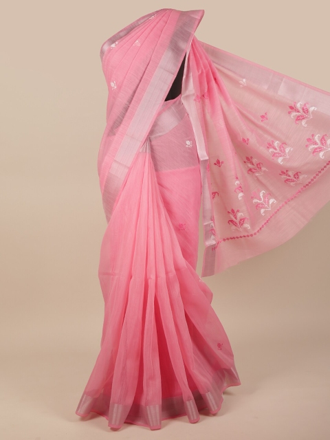 

Pothys Pink & Silver-Coloured Floral Embroidered Saree