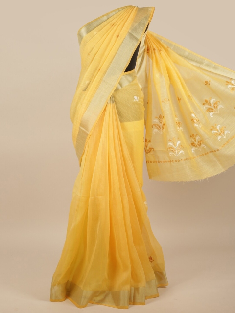 

Pothys Yellow & Gold-Coloured Floral Embroidered Saree