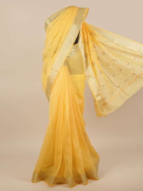 

Pothys Yellow & Gold-Coloured Floral Embroidered Saree
