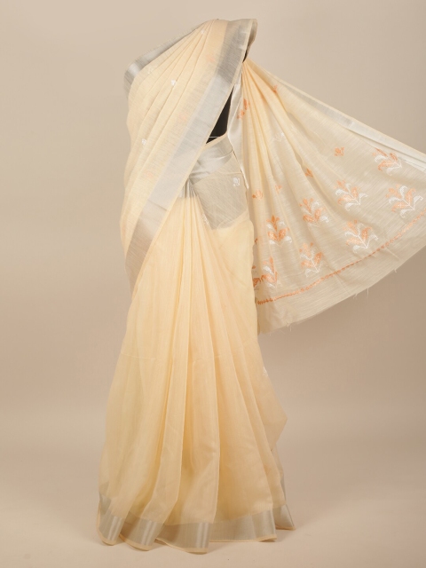 

Pothys Cream-Coloured & Silver-Coloured Floral Embroidered Saree