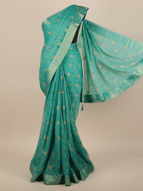 

Pothys Turquoise Blue & Gold-Coloured Geometric Printed Saree