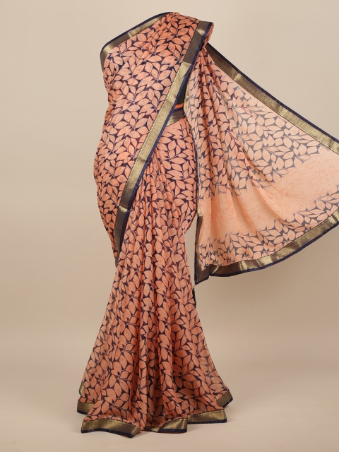

Pothys Peach-Coloured & Navy Blue Floral Printed Saree
