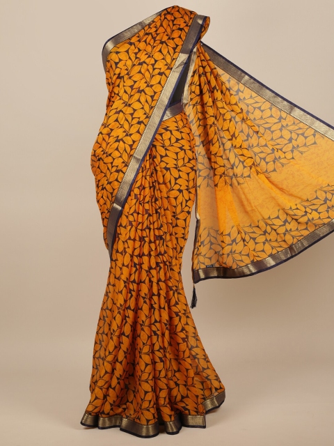 

Pothys Mustard Yellow & Navy Blue Floral Printed Saree