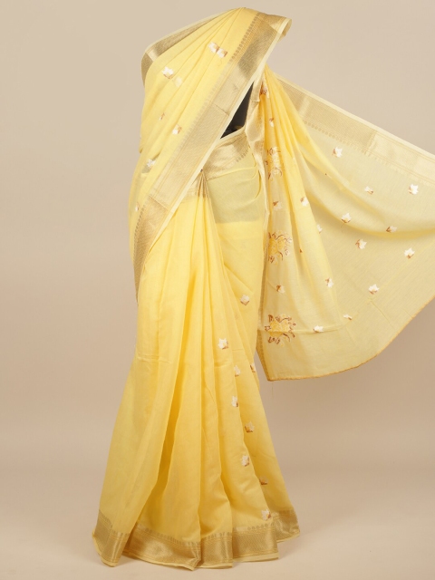 

Pothys Yellow & Gold-Coloured Floral Embroidered Saree