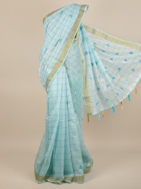 

Pothys Blue & Gold-Coloured Checked Embroidered Saree