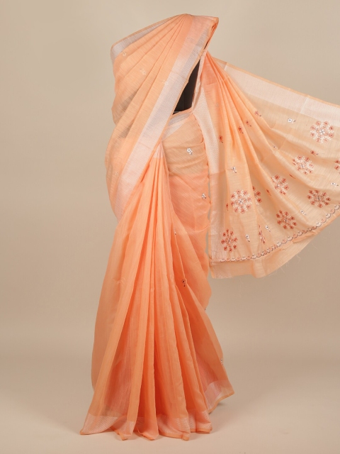 

Pothys Peach-Coloured & Silver-Coloured Floral Embroidered Saree