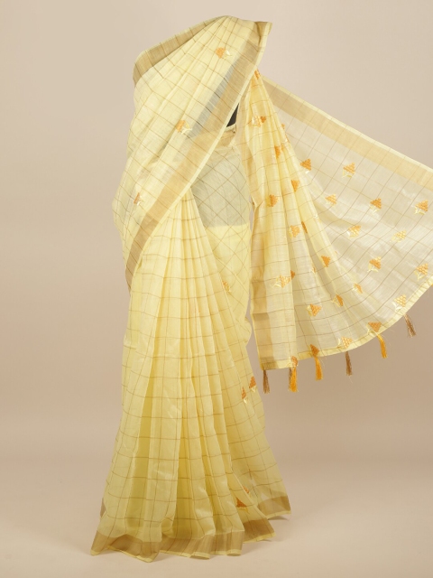 

Pothys Yellow & Gold-Coloured Checked Embroidered Saree