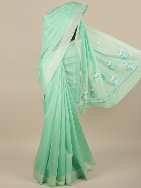 

Pothys Green & Off White Ethnic Motifs Embroidered Saree