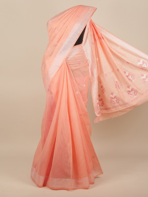 

Pothys Women Peach-Coloured & Silver-Toned Cotton Blend Embroidered Saree