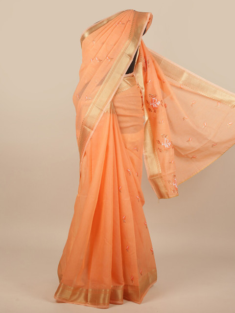 

Pothys Women Peach-Coloured & Gold-Toned Cotton Blend Embroidered Saree