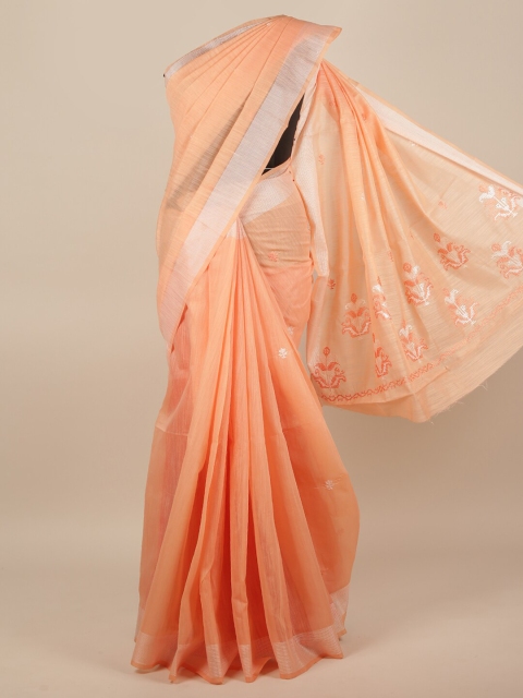 

Pothys Women Peach-Coloured & Silver-Toned Cotton Blend Embroidered Saree