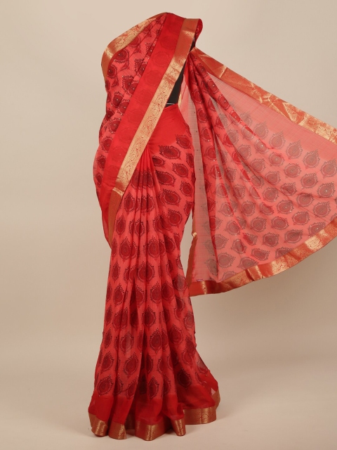 

Pothys Red & Gold-Toned Poly Chiffon Ethnic Motifs printed Saree