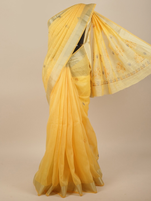 

Pothys Women Yellow & Silver-Toned Cotton Blend Embroidered Saree