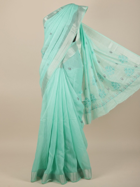 

Pothys Women Green & Silver-Toned Cotton Blend Embroidered Saree