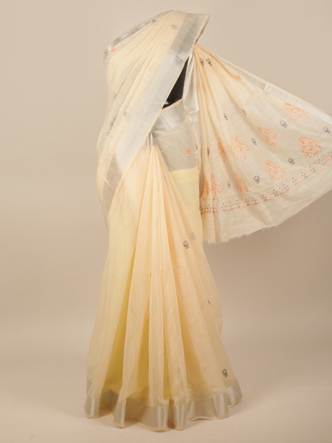 

Pothys Women Cream-Coloured & Silver-Toned Cotton Blend Embroidered Saree