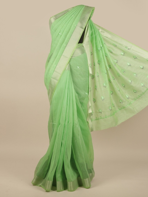 

Pothys Women Green & Silver-Toned Cotton Blend Embroidered Saree