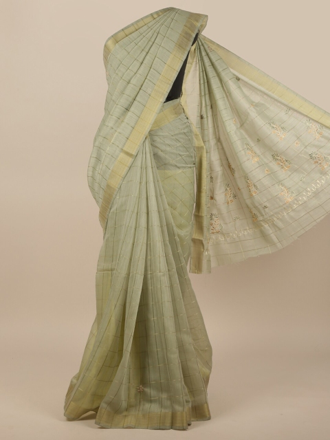 

Pothys Women Green & Gold-Toned Cotton Blend Embroidered Saree