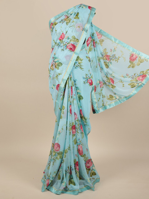 

Pothys Blue Poly Chiffon Floral Printed Saree