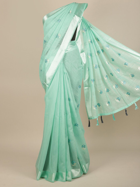 

Pothys Women Green & Silver-Toned Cotton Blend Embroidered Saree