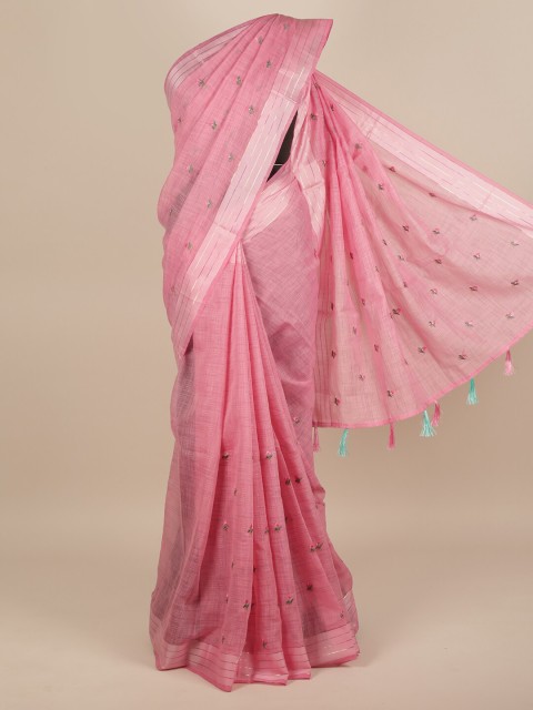 

Pothys Women Pink & Silver-Toned Cotton Blend Embroidered Saree