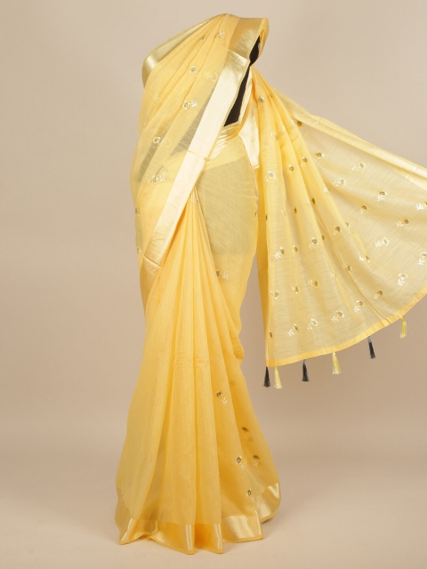

Pothys Women Yellow & Silver-Toned Cotton Blend Embroidered Saree