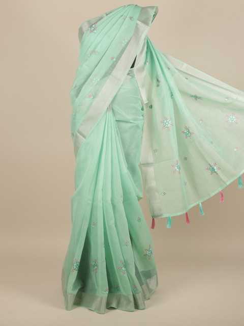 

Pothys Women Green & Silver-Toned Cotton Blend Embroidered Saree