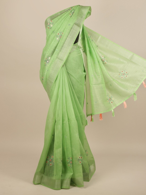 

Pothys Women Green & Silver-Toned Cotton Blend Embroidered Saree