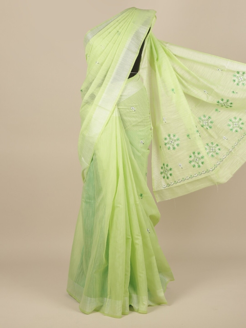 

Pothys Women Green & Silver-Toned Cotton Blend Embroidered Saree