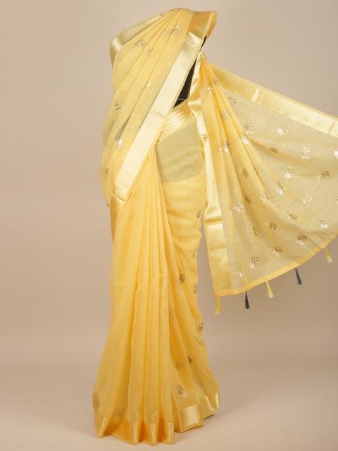 

Pothys Women Yellow & Silver-Toned Cotton Blend Embroidered Saree