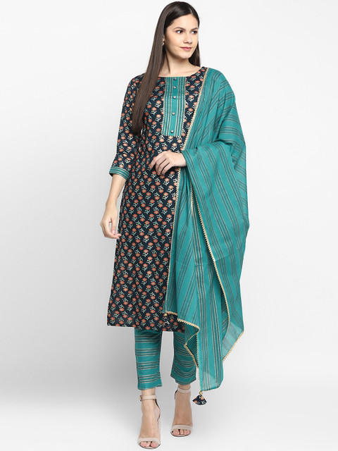 

CHRISTEENA Women Navy Blue Printed Panelled Kurta with Trousers & With Dupatta