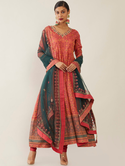 

Soch Pink & Green Ethnic Motifs Net Maxi Dress