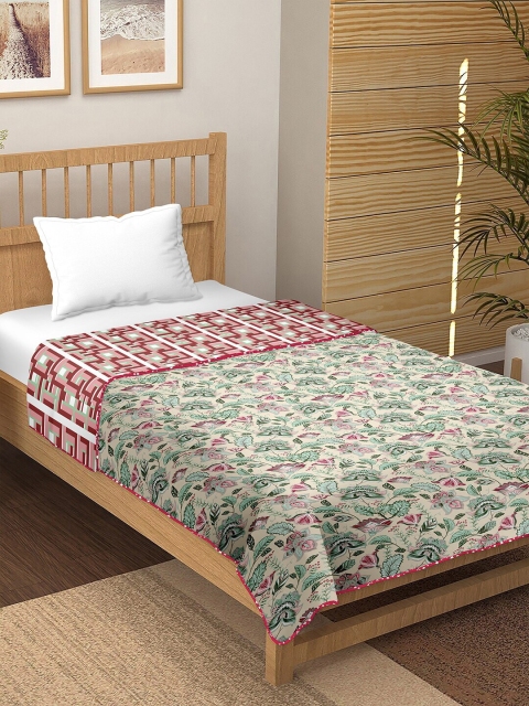 

BELLA CASA Pink Floral Printed Reversible100 % Cotton Single 180 GSM AC Dohar