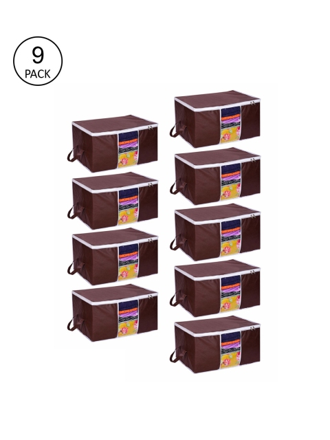 

prettykrafts Set Of 9 Brown Solid Underbed Large Storage Bags With Transparent Window