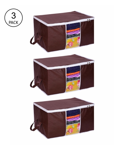 

prettykrafts Set Of 3 Brown Solid Underbed Large Storage Bags With Transparent Window