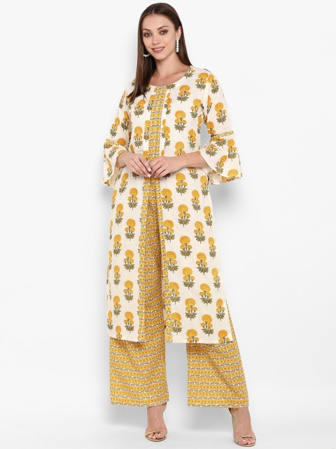 

ZOEYAMS Women White & Yellow Floral Printed Bell Sleeves Kurta