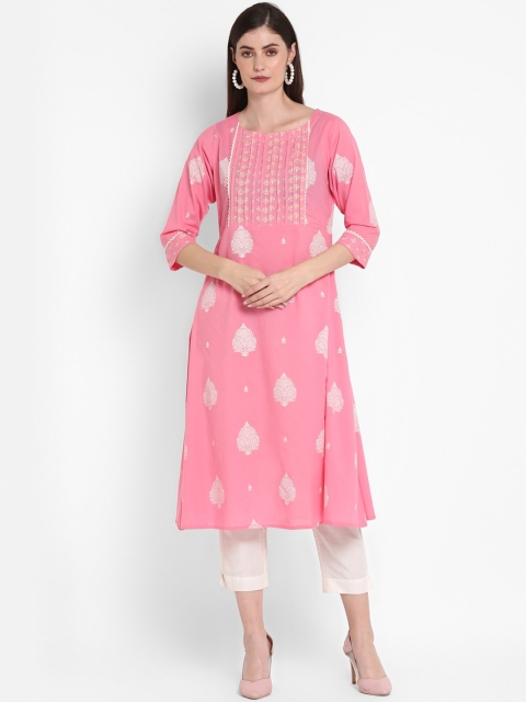 

ZOEYAMS Women Pink & White Ethnic Motifs Embroidered Anarkali Kurta