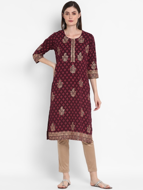 

ZOEYAMS Women Brown & Beige Ethnic Motifs Printed Straight Kurta