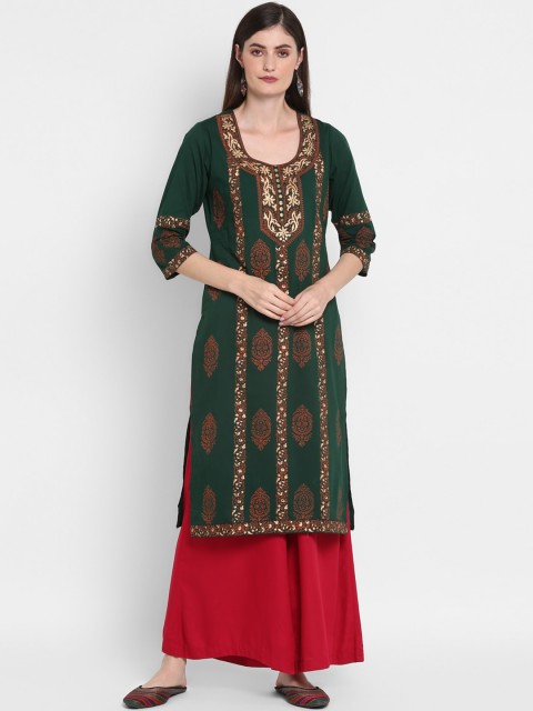 

ZOEYAMS Women Green & Beige Ethnic Motifs Embroidered Kurta