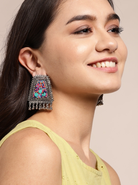 

Sangria Multicoloured Oxidised Silver-Plated Beaded Geometric Drop Earrings, Multi